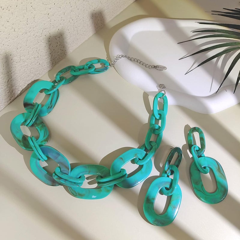 Bocar Acrylic Chunky Statement Necklace for Women Cube Link Chain Collar Necklace and Hoop Earrings Costome Jewelry Set - Image 2